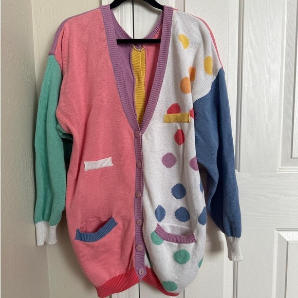 Birds of Paradise Oversized Pastel Colorblock Polka Dot Cardigan Knit Sweater XL - Picture 4 of 8